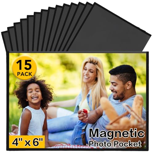 YixangDD 15 Pack Magnetic Picture Frame, 4 x 6 Inches Fridge Magnetic Photo Frames, Magnetic Photo Frames for Refrigerator, Home, School, Office (Black)