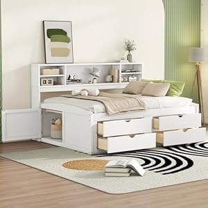 BOVZA Full Size Wood Captain Bed with Storage Drawers and Bookcase Headboard Wooden Full Daybed Frame with 2 Bedside Cabinets and Upper Shelves for Kids Teens Adults White
