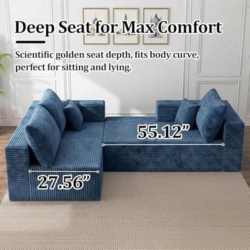 Image of 118 inch Modular Sectional Sofa with Chaise and Ottoman,Oversized U-Shaped Corduroy Cloud Couch,Deep Seat Boneless Couch for Living Room,No-Assembly,Blue (Left Facing Chaise)