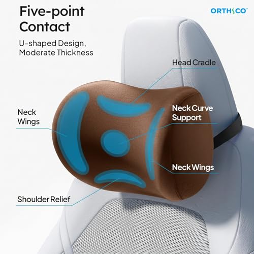 Image of ORTHICO Car Neck Rest Pillow, Pack of 2, Brown | Memory Foam, Ergonomic Design, Universal Fit, Head Support, 1 Year Warranty