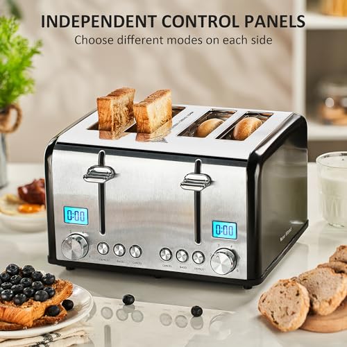 Image of Roter Mond Countdown Stainless Steel 4 Slice Toaster with Bagel, Defrost, Cancel Function, Dual Toaster, Extra Wide Slots, 6 Shade Settings, Removable Crumb Trays, 1650W, Black