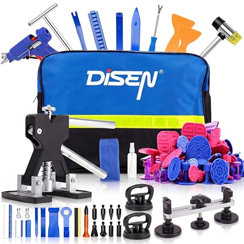 DISEN 155Pcs Paintless Dent Removal Kit Car Dent Repair Tool Set with Metal Dent Lifter Bridge Puller T-Slide Hammer Glue Gun & 100 Tabs for Dents Dings Creases and Hail Damage