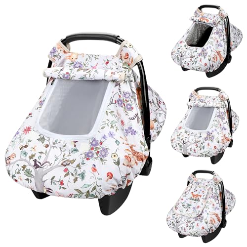 CARUILI Baby Car Seat Cover, Minky Winter Infant Car Seat Cover with Windproof & Breathable Peep Window, Protects Baby from Wind & Sun (Woodland...