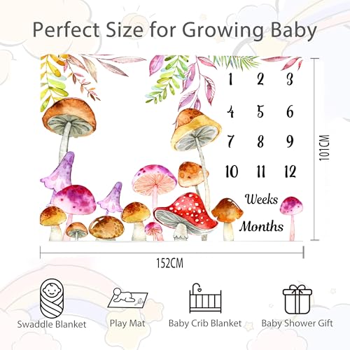 Image of Mushroom Baby Monthly Milestone Blanket Watercolor Tropical, 60x40in | Soft Flannel, Colorful Leaves Botanic Print, Newborn Mom Gifts, Photography Props for Boys Girls, Newborn Baby Shower