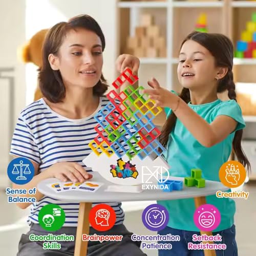Image of Tower Balance Blocks Game - 16 Pcs Wooden Stacking Toy with 22 Challenge Cards, Family Board Games for Kids & Adults-Balancing Stacking Toys, Construction Building Blocks Set