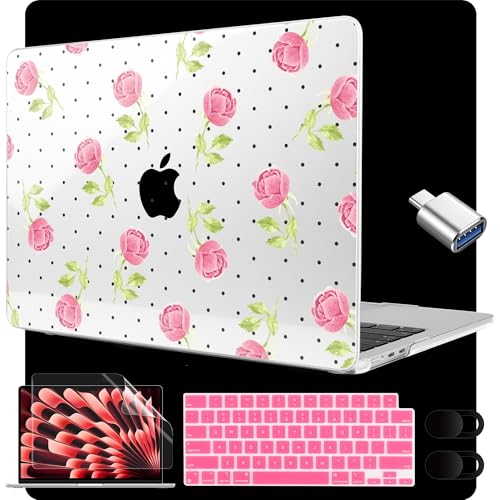 Image of MEEgoodo for M5 /M4 /M3 /M2 MacBook Air 15 inch Case 2026 2025 2024 2023, Case Fit Model (A3448 /A3241 /A3114 /A2941) for MacBook Air 15.3 inch, Watercolor Roses&Polka Dots