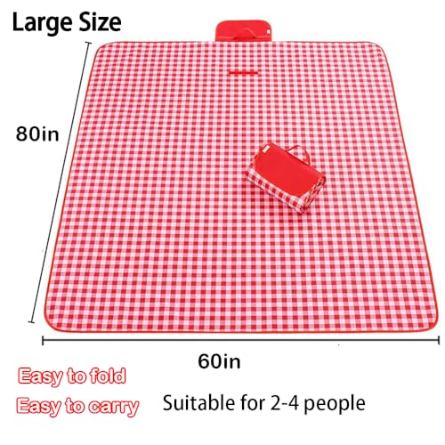 LRUUIDDE Oversize Picnic Beach Blanket, 80\'\'x60\'\' Outdoor Waterproof Foldable, Sandproof Blankets Plaid Picnic Mat for Beach Camping on Grass Picnic Blankets (RED 1, 80x60in) - Thumbnail 2