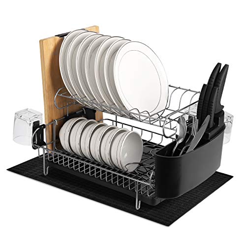alvorog Abtropfgestell Geschirrständer Geschirrkorb 2 Etagen zweistöckig mit Besteckkorb und Abtropfschale für Küche Teller und Besteck, 52x44x25cm