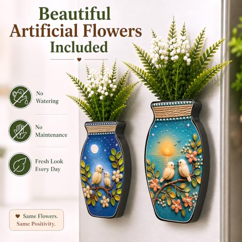 Image of Regalo Casila Magnetic Artificial Flower Vase Fridge Magnets Set of 2 Bird Floral Art Nature Inspired Decorative Refrigerator Kitchen Home Office Decor Housewarming Gift