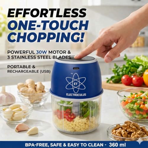 Image of Rechargeable mini electric chopper for kitchen,360 ml, Food Grade Bowl, Stainless Steel Blades, One Touch operation, Mincing Garlic, Ginger, Onion, Vegetable, Nuts(OXFORD BLUE)