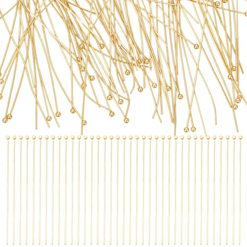 UNICRAFTALE 100Pcs 24K Golden Stainless Steel Ball Head Pins 50mm Bendable Head Pin Metal Eye Pins Findings End Headpins Findings for Craft Jewelry Making