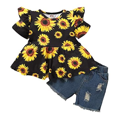 Bliweek Baby Girl Infant Summer Clothes, Cute Baby Girl Outfit Sunflower Short Sleeve Top+Short Ripped Jeans (Sunflower-Jeans, 3-4 T) Cover
