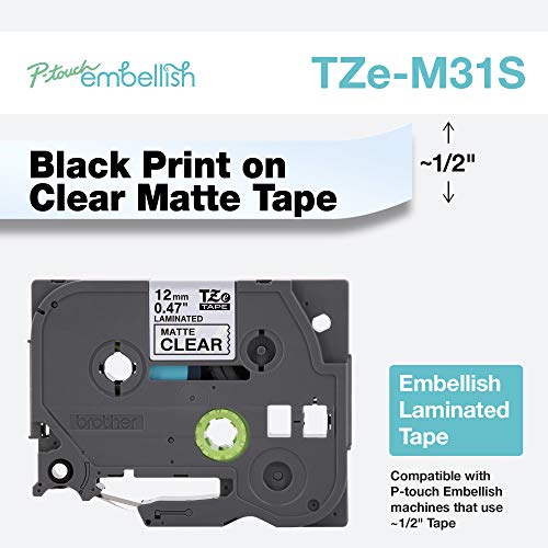 Image of Brother P-Touch Embellish Black Print on Matte Clear Tape TZEM31S - Patterned Tape, 2 Pack of 12mm x 4m, for P-Touch Embellish Printer