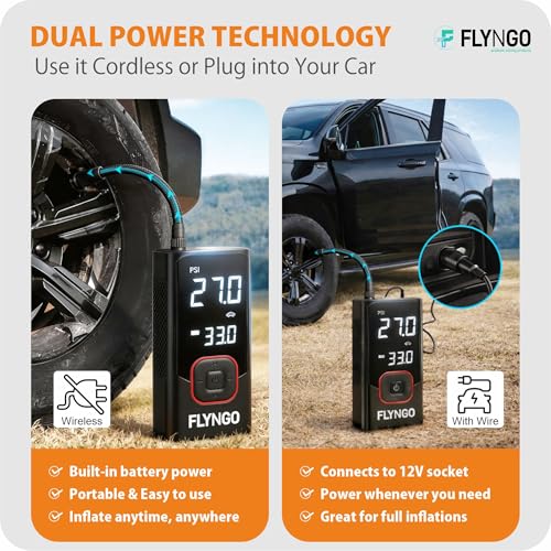 Image of FLYNGO 2-in-1 Tyre Inflator for Car and Bike, 150 PSI Wireless & Wired (4000mAh or 12V DC) Portable Air Compressor Pump with Type C Port, Digital Display, Power Bank, LED Flash Light (FL-CTIP-1)