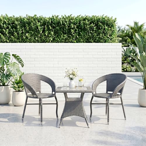 Image of BRISHI 3-Piece Outdoor Rattan Wicker Patio Square Coffee Table Set | Garden Furniture for Balcony, Terrace, Poolside & Porch | Waterproof Bistro Sets for Home & Backyard (Grey)