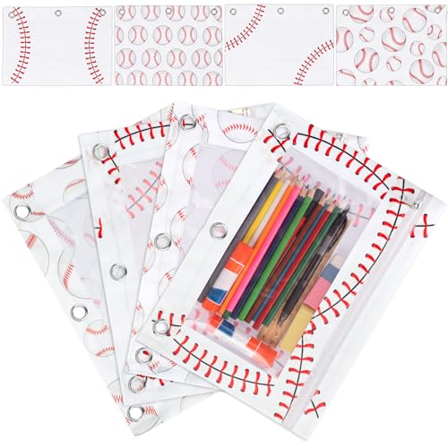 Janlaugh 4 Pack Sport Baseball Pencil Pouch for 3 Ring Binder Bulk Binder Pencil Pouch with Zipper 3-Holes Pouches Durable with Clear Window Bag for Office Supplies