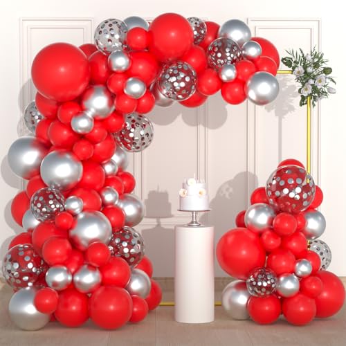 Image of Red Silver Balloon Garland Arch Kit - Red and Metallic Silver Balloons Confetti Latex Balloon for Birthday Wedding Graduation Retirement Valentines Day Christmas Party Decorations