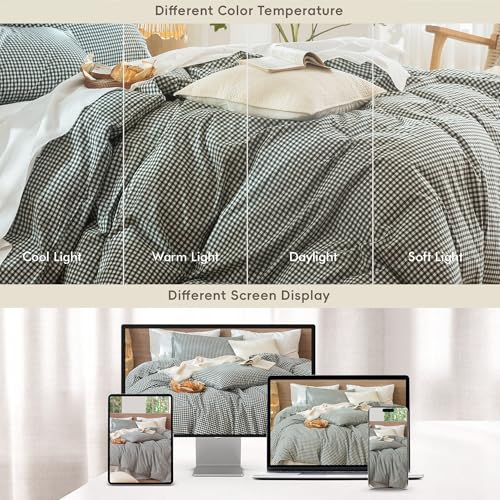 Image of MooMee Gingham Duvet Cover Set 100% Washed Cotton Linen Like Textured Breathable Durable Soft Comfy Modern Checkered Design (Mini Gingham Forest Green, Cal King 104 inchx98 inch)