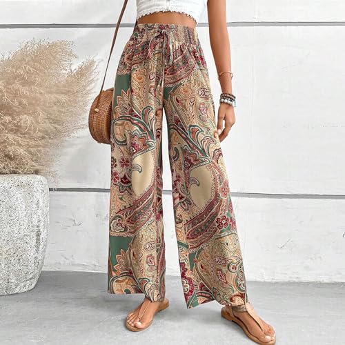 Boho Palazzo Pants for Women Drawstring High Waisted Print Loose Wide Leg Pants Flowy Casual Baggy Beach Pants2