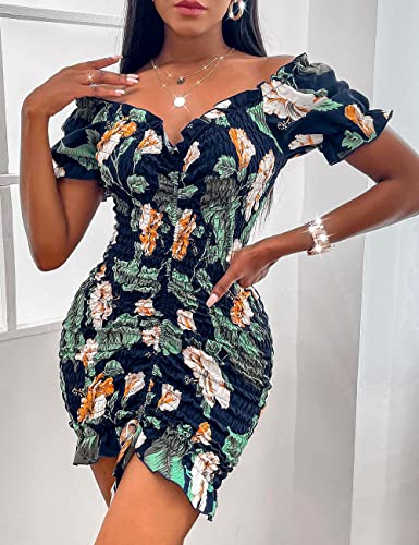 Image of PRETTYGARDEN Women's Summer Off Shoulder Bodycon Dresses Short Sleeve Drawstring Sexy Mini Party Club Smocked Dress