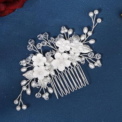 LLSME Bridal Hair Comb, Handmade White Flower Rhinestone Hair Clips, Wedding Crystal Hair Pin, Sparkly Hair Accessorie for Women Girls, Pearl, Alloy Cover