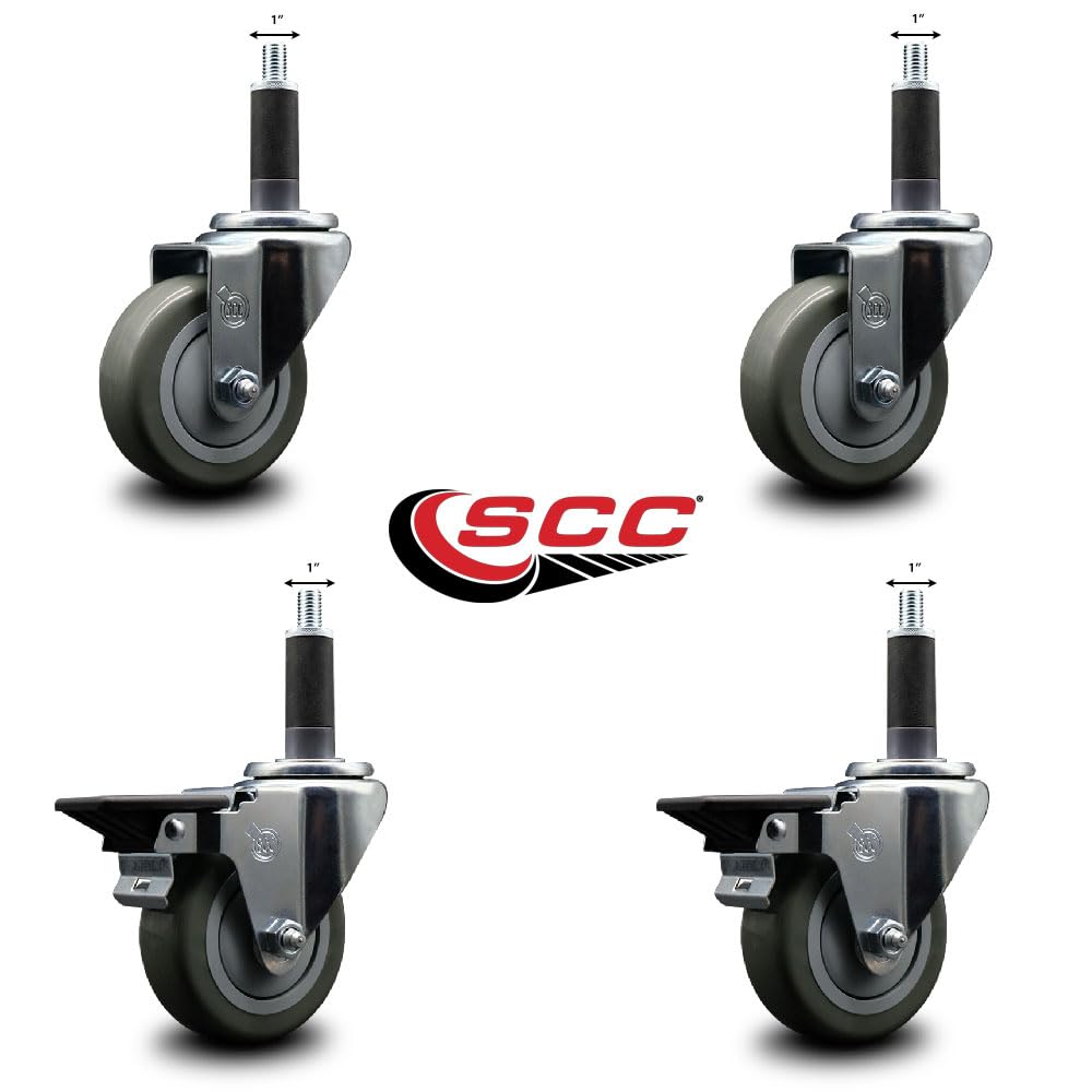 Polyurethane Swivel Expanding Stem Caster Set of 4 with 3.5 Inch Gray Wheels and 1