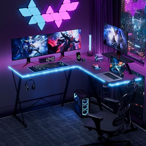 Mr IRONSTONE Gaming Desk with LED Lights, L Shaped Desk Corner with Cup Holder & Headphone Hook, Computer Desk Home Office Desks with Large Monitor Stand, Carbon Fiber Surface, Black 51 Inch - Image 3