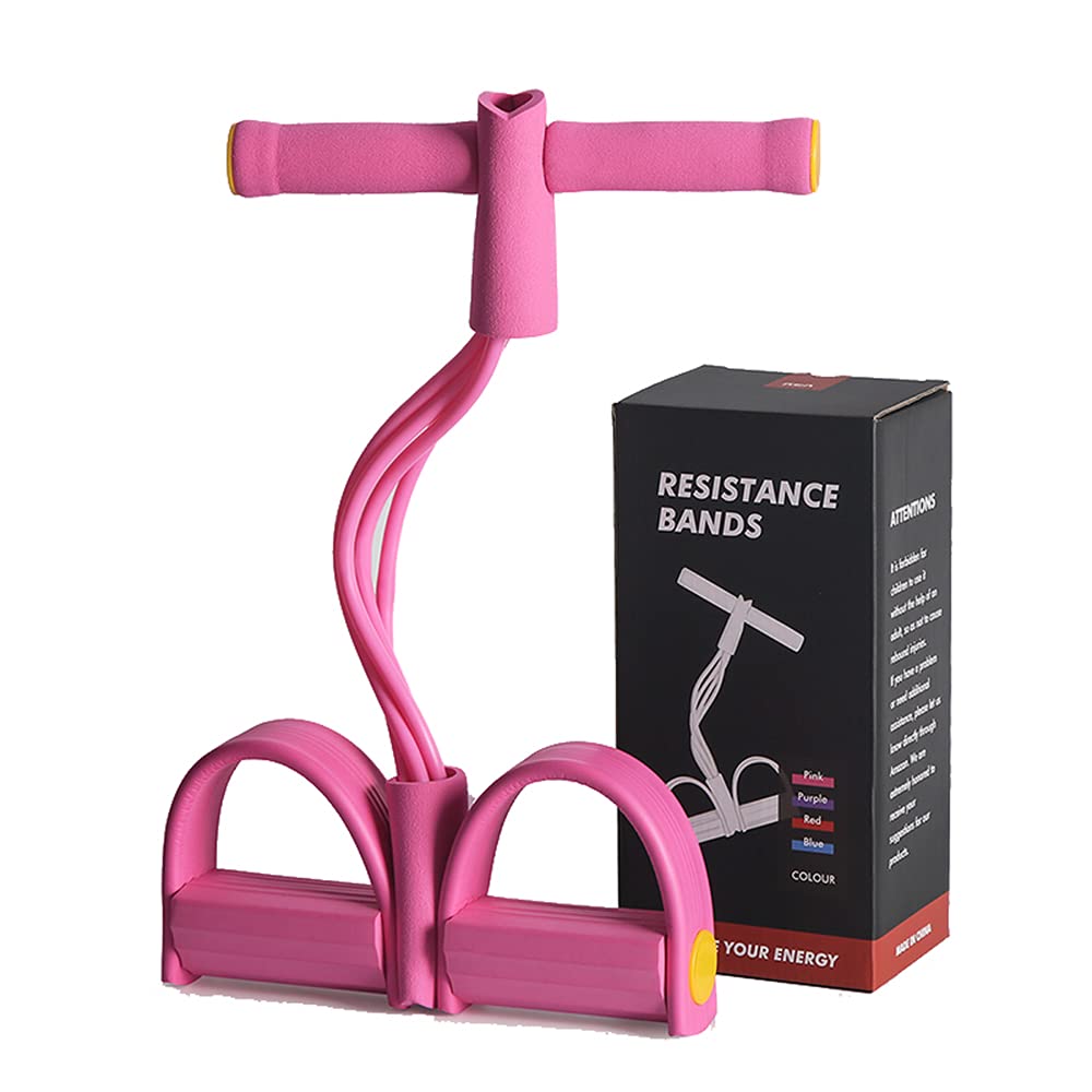 Tension Rope 4 Tube Puller Pedal Ankle Abdominal Exerciser Fitness Elastic Sit Up Pull Rope Home Gym Sport Training Equipment (Pink)