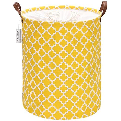 Sea Team Moroccan Lattice Pattern Laundry Hamper Canvas Fabric Laundry Basket Collapsible Storage Bin with PU Leather Handles and Drawstring Closure, 19.7 by 15.7 inches, Waterproof Inner, Yellow Cover