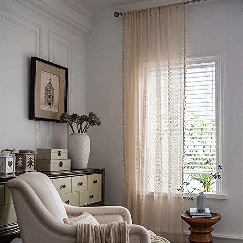 2 Panels Boho Chic Crochet Lace Curtain Farmhouse Retro Window Curtain Panel With Tassels Beige Drapes Sheer Curtains Window Treatments For Living Room Bedroom, Rod Pocket Top (59''Wx95''L) #TOP1