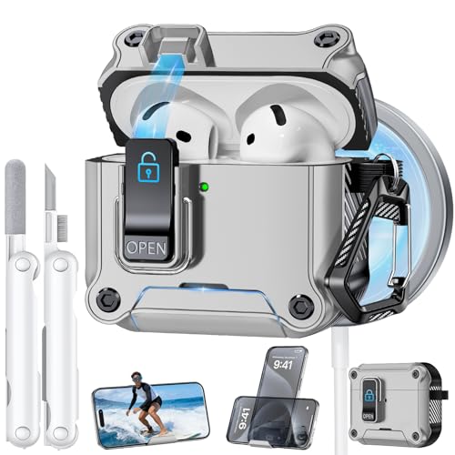Image of Dual Safety Lock for AirPods 4 Case 2024, Compatible with MagSafe - Designed with Automatic Switch and Phone Stand, Includes a Cleaner & Keychain - Rugged Tough Hard Shell for Apple AirPods 4