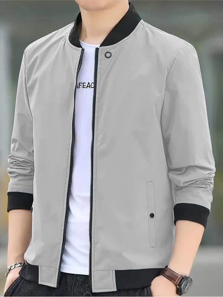 Image of Celary Men's Bomber Jacket | Fancy Collar|| Lightweight Casual Zip-Up Jacket | Stylish Slim Fit Outerwear for All Seasons | Polyester, Standard Length