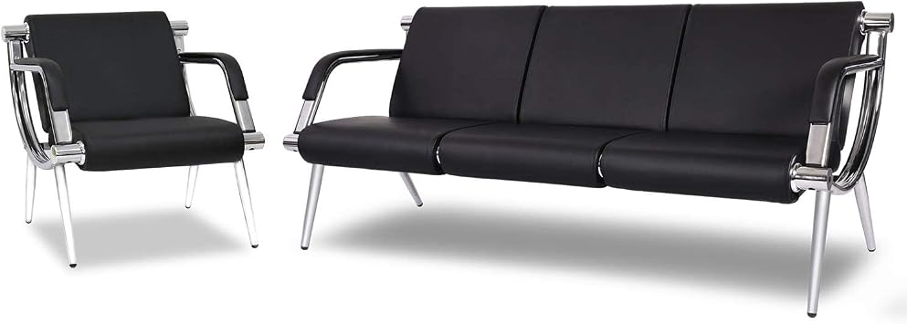 Kinsuite 4-Seat Office Airport Reception Chairs Set - 2pcs Waiting Chair Guest Chair with Armrest Leather Room Sofa Padded Cushions Airport Hospital Bank Black