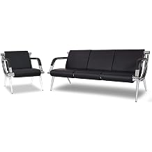 Kinsuite 4-Seat Office Airport Reception Chairs Set - 2pcs Waiting Chair Guest Chair with Armrest Leather Room Sofa Padded Cushions Airport Hospital Bank Black