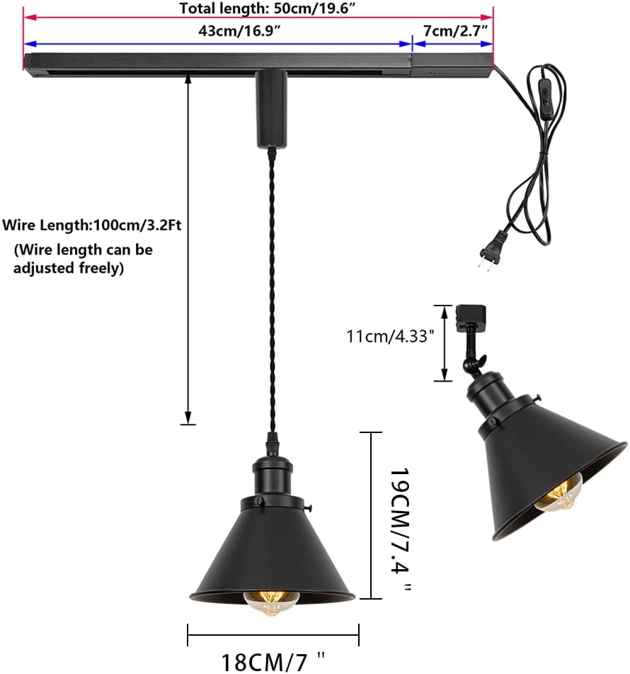 1x Plug in Cable Track Rail, 1X Adjustable Cord, 1x Adjustable Angle Black Metal Track Lighting Fixtures H-Type Vintage Design for Kitchen Loft(No Bulb)