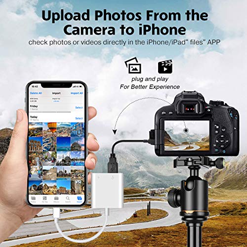 USB Camera Adapter, USB Female OTG Adapter Compatible with iPhone/iPad, Portable USB Adapter for iPhone with Charging Port, iPad to USB Adapter No Application,Support card reader Plug and Play (White)