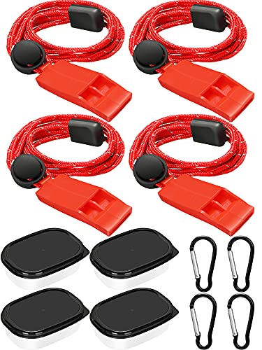 4 Pieces Emergency Survival Boat Whistle Plastic Whistles Marine Whistle with 4 Pieces Tool Buttons 4 Pieces Adjustable Lanyards 4 Pieces Storage Boxes for Camping Boating Outdoor Sports Signaling