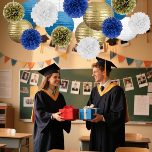 Image of 18 PCS Blue White Gold Paper Lanterns & Tissue Paper Pom Poms for Men's Birthday, Graduation 2026, Wedding, Hanging Paper Party Decoration Set for Indoor Outdoor Events Theme Party Supplies