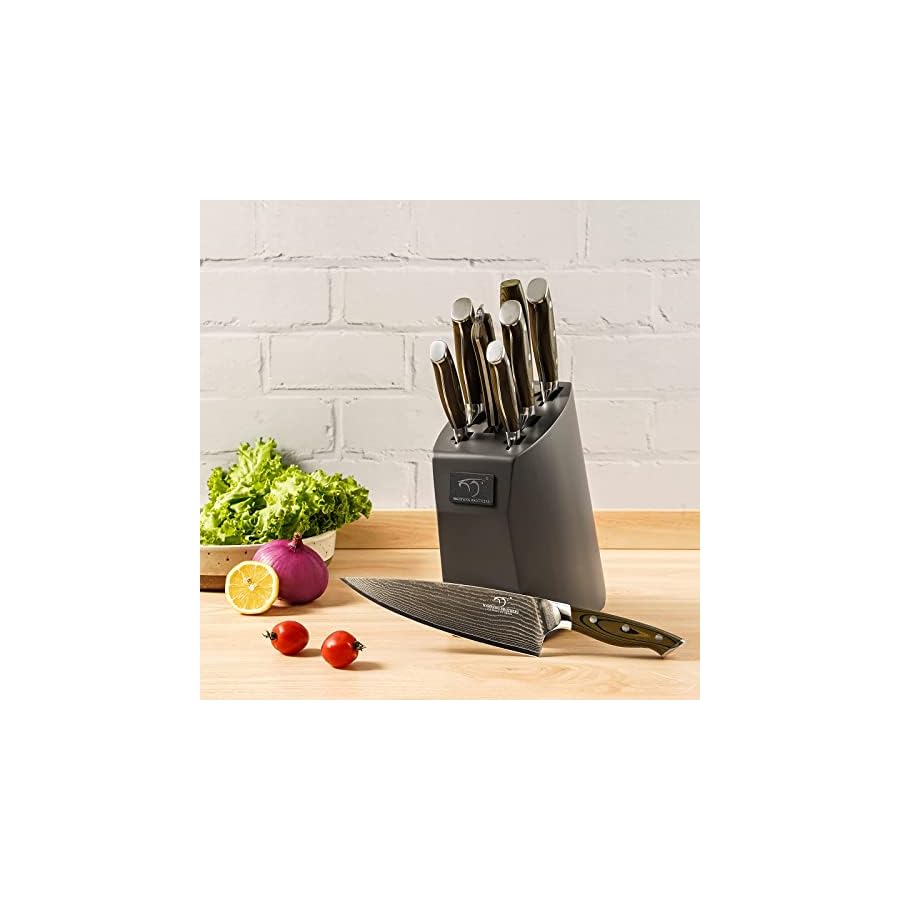 Kitchen-Damascus-Knife-Set-9-Piece-Kitchen-Knife-Set-with-Block-Non-slip-G10-Ergonomic-Triple-Rivet-Handle-for-Chef-Knives-Knife-Sharpener-and-Kitchen-Shears-Natural-Wood-Block-Black Kitchen Damascus Knife Set, 9-Piece Kitchen Knife Set with Block, Non-slip G10 Ergonomic Triple Rivet Handle for Chef Knives, Knife Sharpener and Kitchen Shears, Natural Wood Block (Brown/Grey)