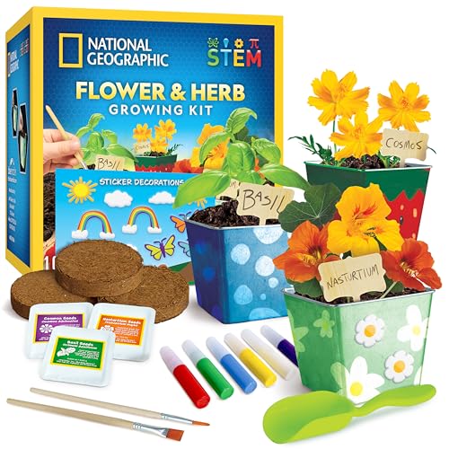 NATIONAL GEOGRAPHIC Flower & Herb Gardening Kit for Kids - Gardening Set with 3 Stainless Steel Pots Paint & Stickers Kids Plant Growing Kit