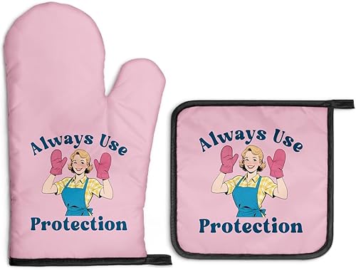 Always Use Protection - Juego de guantes de horno y soportes para ollas, divertidos guantes de cocina retro para panaderos, regalos de inauguración