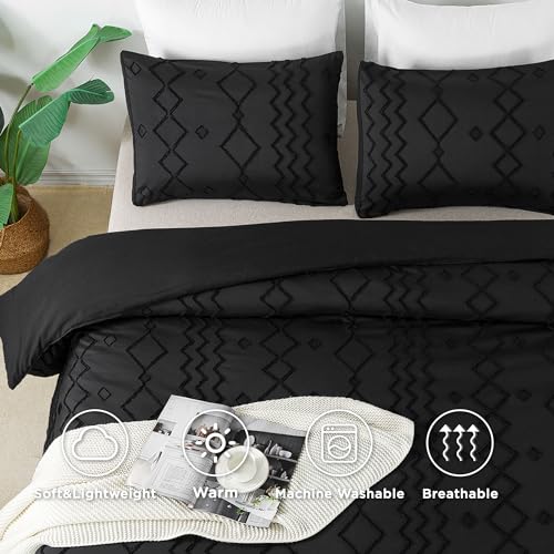 Image of Andency Black Tufted Comforter Set Queen(90x90Inch), 3 Pieces(1 Tufts Comforter, 2 Pillowcases) Boho Textured Farmhouse Bed Set, Down Alternative Geometric Bedding