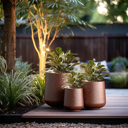 Image of Kante Set of 3 Rusty Concrete Curved Planters 16.5 inch 13 inch 9.4 inch Dia | Drainage for Outdoor, Rubber Plug for Indoor Home, All-Weather Cement Pot, Handcraft, Lightweight & Durable, Anti-UV, Round