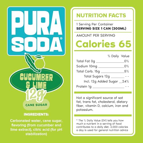 Image of PuraSoda Cucumber & Lime - 12g Pure Cane Sugar Soda, 10 Fl Oz, Pack of 12 | Real Fruit Extract, Non-Gmo Vegan, No Stevia Or Artificial Sweeteners, 13g Cane Sugar, 10 Fl Oz Cans