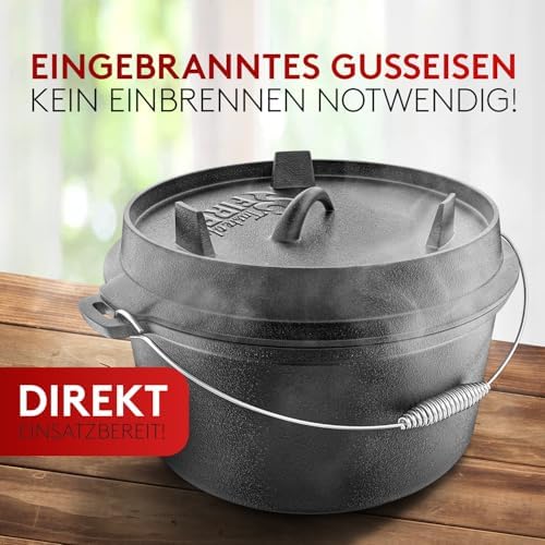 Bild 3 - BBQ Dutch Oven [Das Original] - 7,4 Liter Dutch Oven Set mit Topfständer & 1,8 Liter Deckel mit Doppelfunktion zusätzlich als Grillpfanne nutzbar – inkl. Deckelheber und E-Book