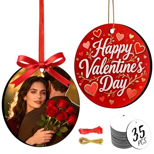 Joyclub 35 Pack 3 Sublimation Ornament Blanks Round Double Sided White Ornaments with Gold & Red Strings Bulk DIY Photo Keychains Gift Tags for Christmas Halloween Teachers Party Favors