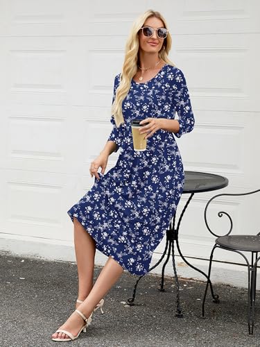 Image of Heymoments Women's Casual 3 /4 Sleeve Midi Dress Crewneck A Line Tiered Flowy Loose Travel Long Dresses with Pockets