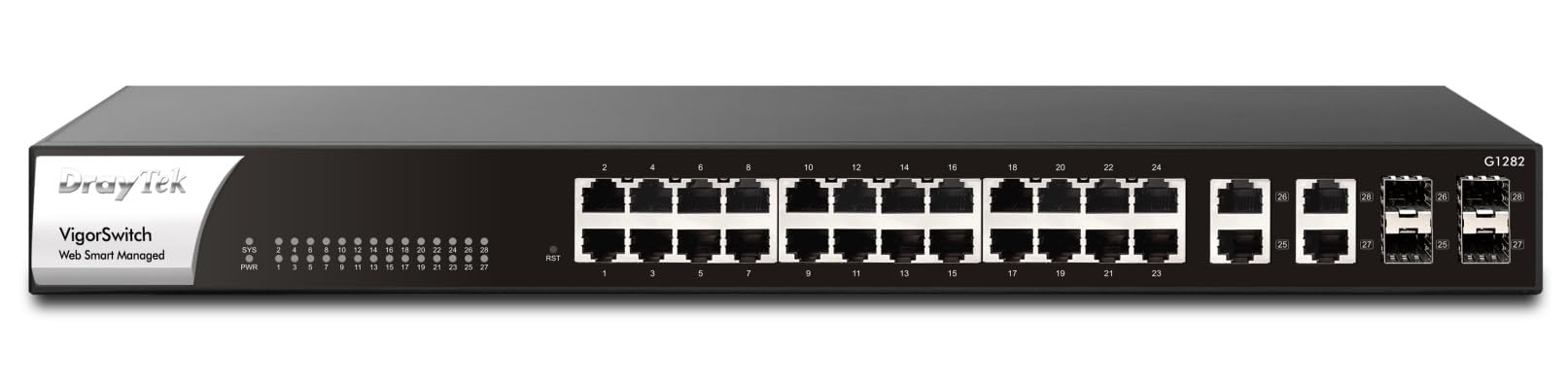 DrayTek VigorSwitch G1282, 24-Port Managed Switch, 4 SFP Uplink Ports, Rack Mountable, QoS, Ideal for SOHO and Small Business