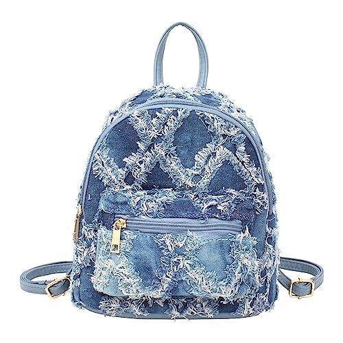Image of Denim Mini Backpack Casual Shoulder Daypack Crossbody Bag Top Handle Quilted Distressed Zipper Satchel Purse
