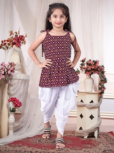 Image of Girls Ethnic Printed Peplum Top and White Dhoti Pant Set | Stylish Sleeveless Kurti with Comfortable Bottom | Traditional Festive Outfit for Kids